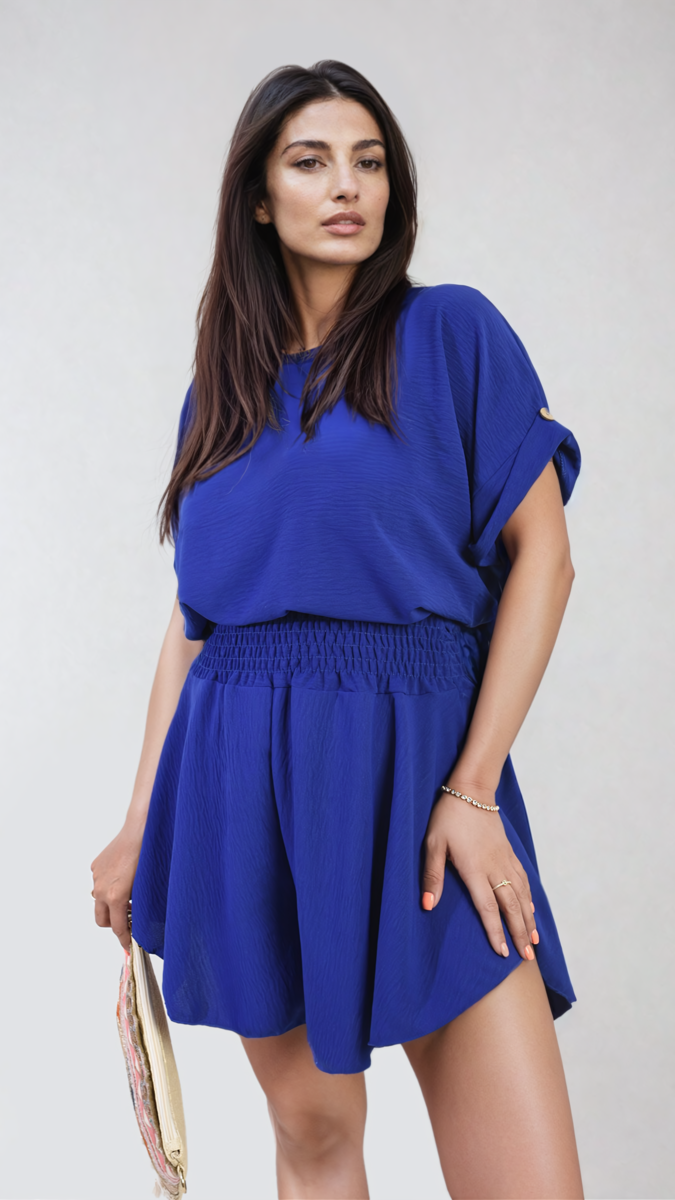 Royal blue roll-sleeve top and elastic shirred waist shorts co-ord set