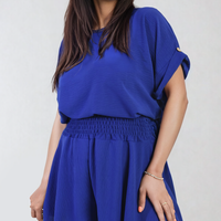 Royal blue roll-sleeve top and elastic shirred waist shorts co-ord set