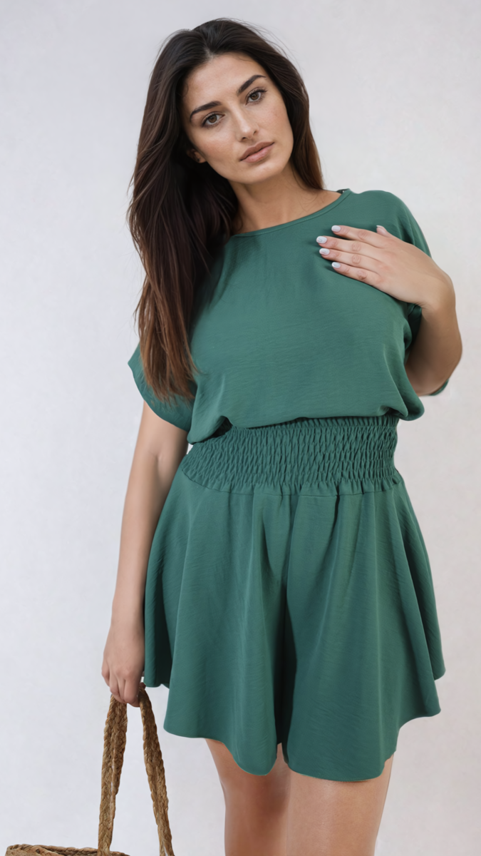 Green roll-sleeve top and elastic shirred waist shorts co-ord set, close-up