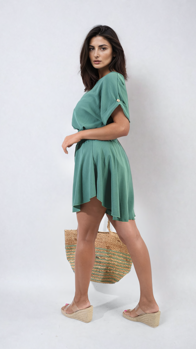 Green draped roll-sleeve top with shirred waist shorts, matching co-ord set