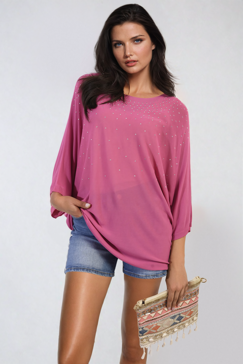 Oversized pink round-neck top with studded speckle detail, three-quarter sleeves