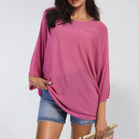 Oversized pink round-neck top with studded speckle detail, three-quarter sleeves