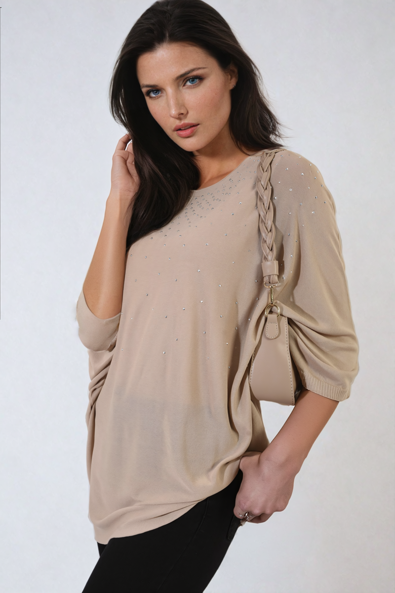 Oversized beige round-neck top with studded speckle detail, gathered cuff sleeves