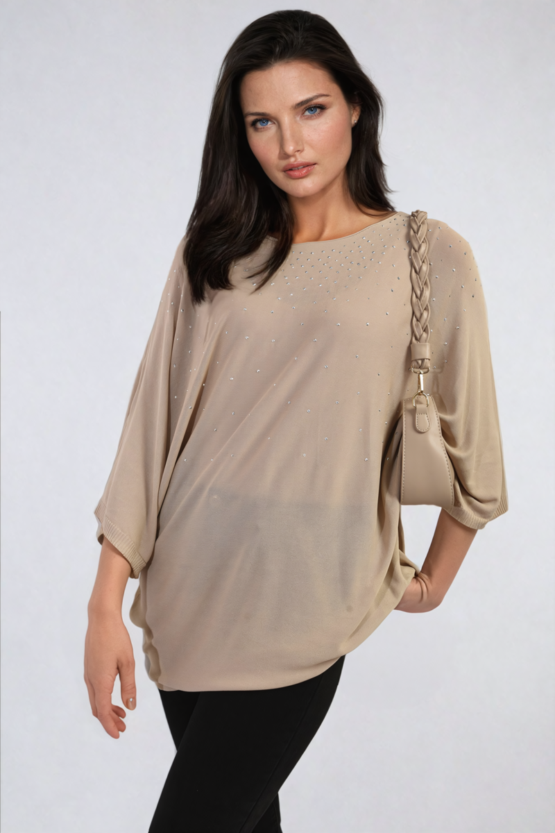 Oversized beige round-neck top with studded speckle detail, cuffed three-quarter sleeves