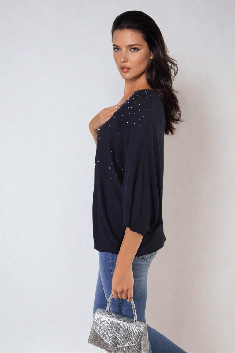 Oversized dark round-neck top with studded speckle detail, relaxed fit three-quarter sleeves