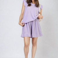 Lavender ruffle-trim sleeve top and matching shorts co-ord set, mini skirt length