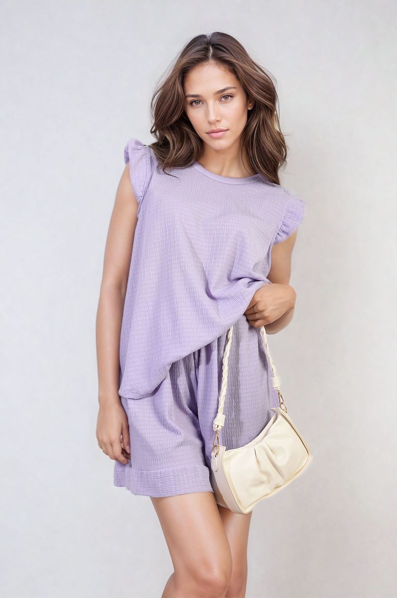 Light purple ruffle-trim sleeve top and matching shorts co-ord set, soft drape