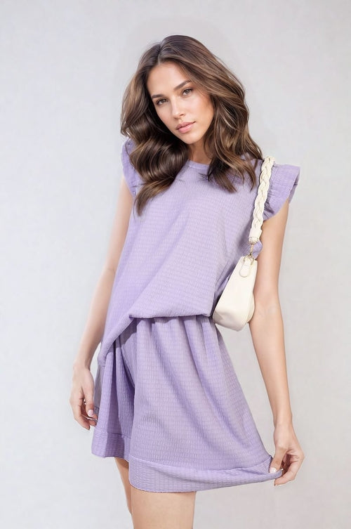 Lilac ruffle-trim short-sleeve top and matching shorts set with pleated look