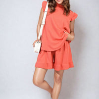 Coral ruffle-sleeve top and matching shorts co-ord set, relaxed fit