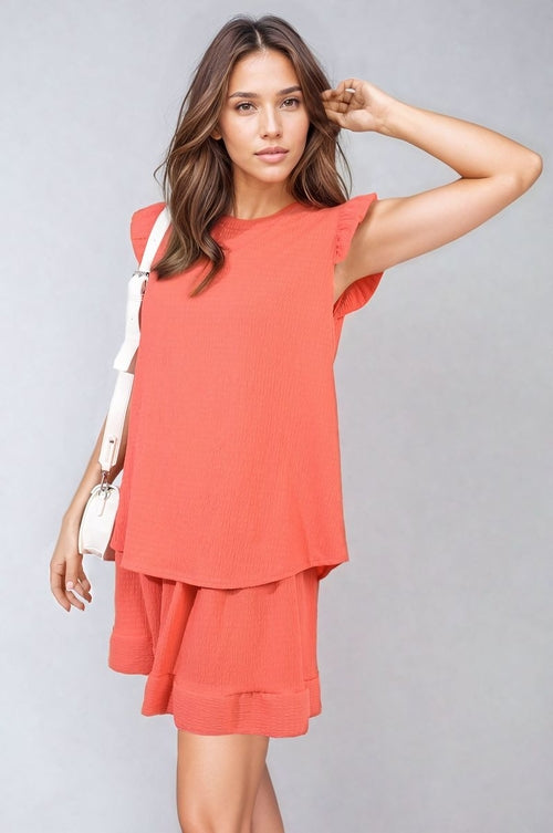 Coral ruffle-trim short-sleeve top and matching shorts set with tiered layers