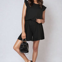 Black ruffle-trim sleeve top with matching shorts co-ord set, short and loose