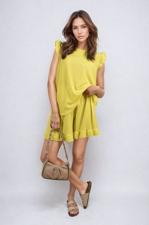 Yellow ruffle-trim short-sleeve top and matching shorts set with gathered waist