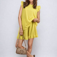 Yellow ruffle-trim short-sleeve top and matching shorts set with gathered waist