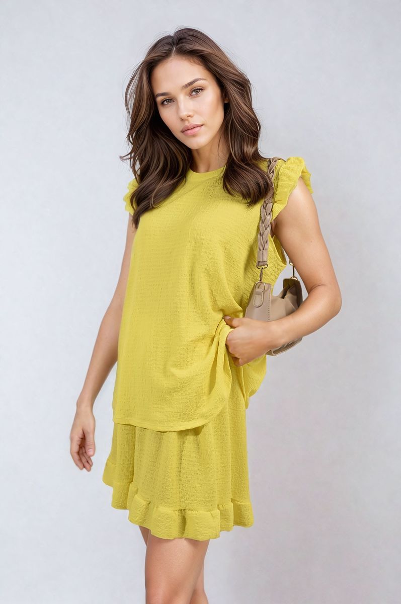 Ruffle-trim sleeve top and shorts set in bright yellow, front view