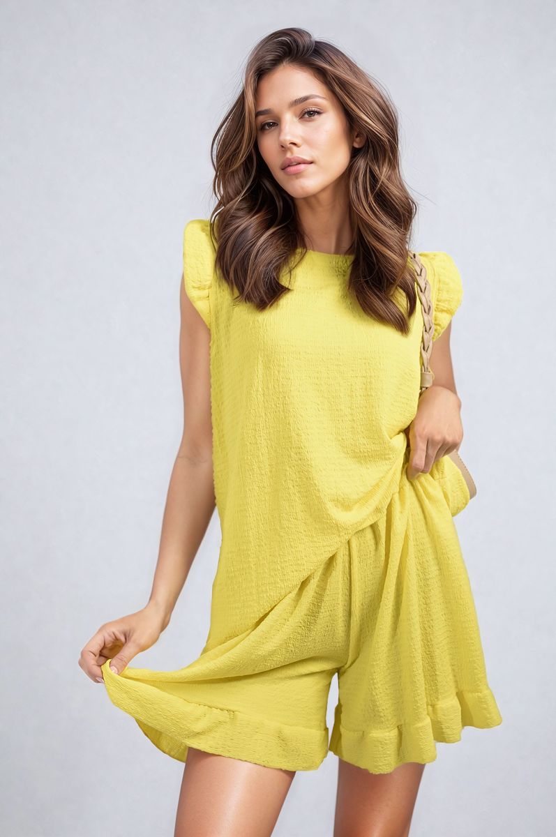 Ruffle-trim sleeve top and shorts set in bright yellow, relaxed tiered look
