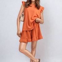 Ruffle-trim sleeve top and shorts set in orange with ruffled sleeve caps