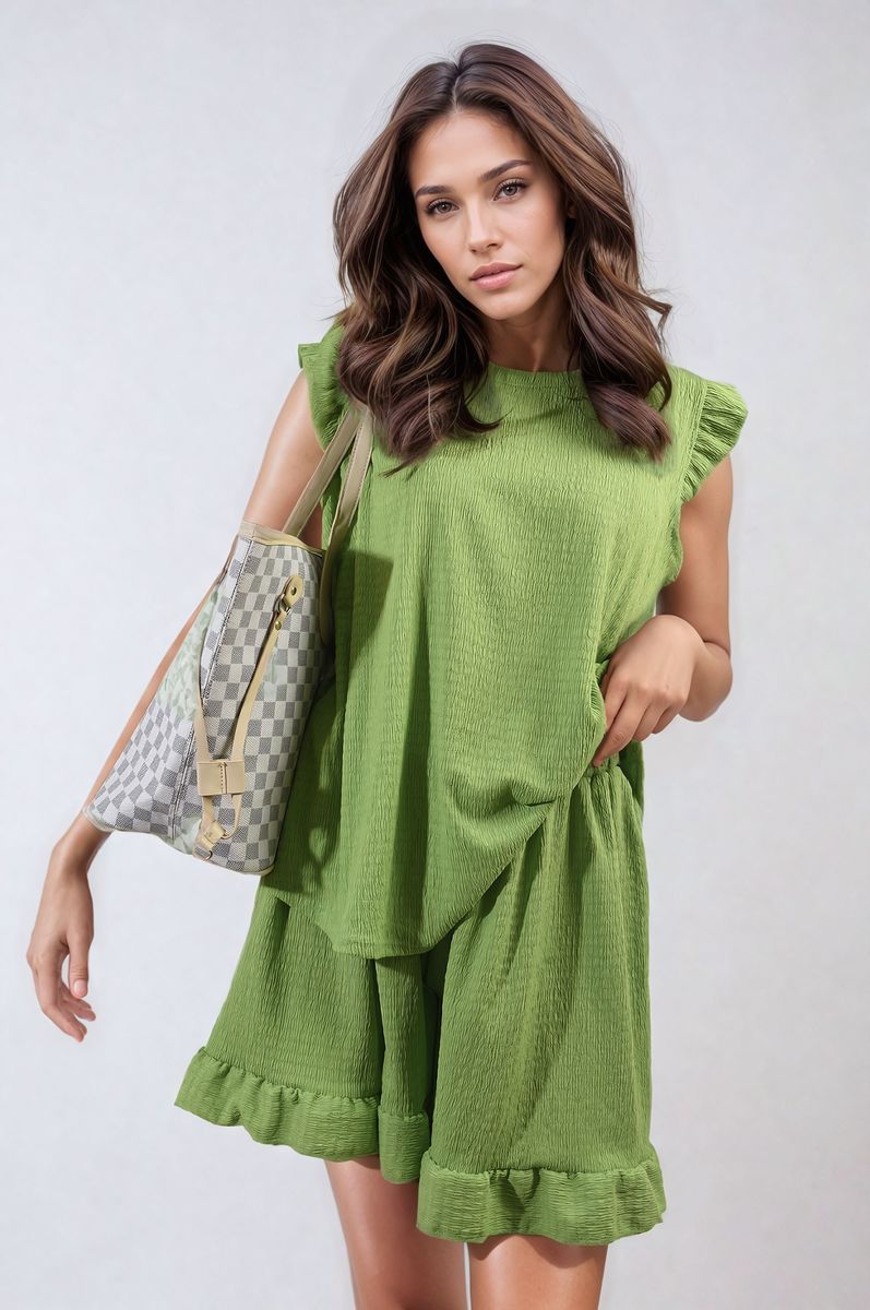 Green ruffle-trim sleeve top and tiered shorts set, sleeveless relaxed fit.