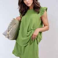 Green ruffle-trim short-sleeve top and matching shorts set with tiered skirt hem