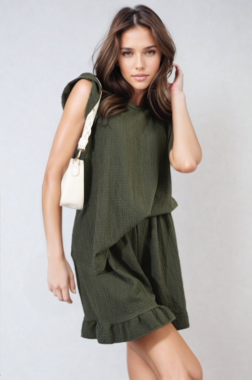 Olive green ruffle-trim sleeveless top and matching shorts set with tiered drape