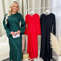 Green maxi dress with round neck and flared sleeves, full length