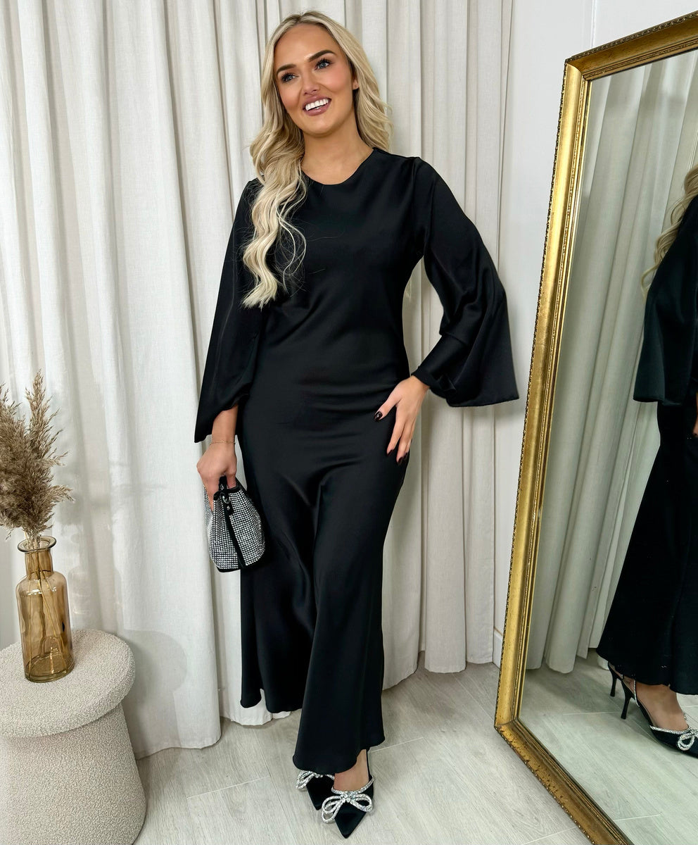 Black maxi dress with round neck and flared bell sleeves, front view