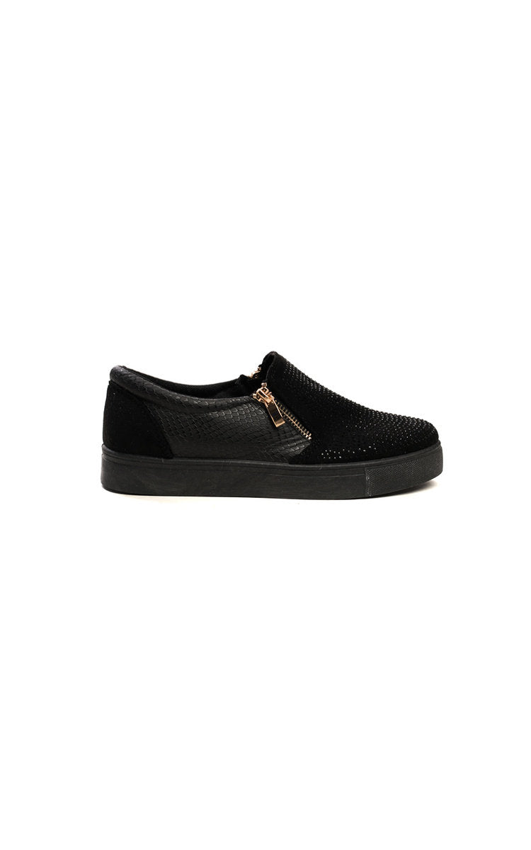 Black slip-on trainer with gold-trim zip front and textured upper.