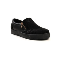 Black slip-on trainer with diamante-look front and textured side panels.