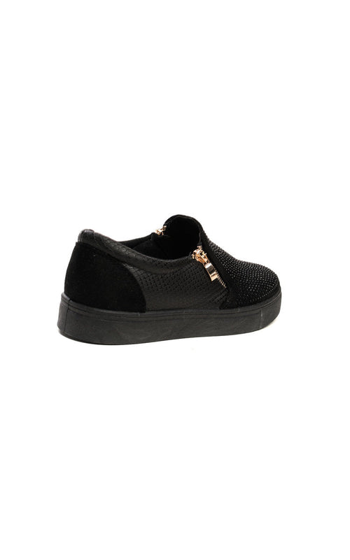 Black slip-on trainer with diamante-look zip front and textured panels.