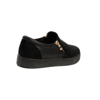 Black slip-on trainer with diamante-look zip front and textured panels.