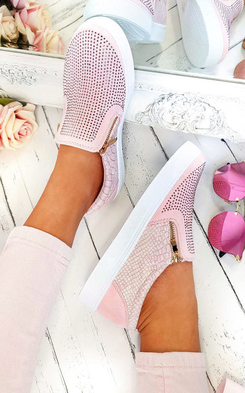Pink slip-on trainer with diamante front, croc-effect sides, gold zip detail.