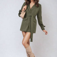 Olive belted blazer jacket with collar and long sleeves, V-neck front