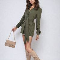 Olive belted blazer jacket, collared V-neck, long sleeves, tie waist detail