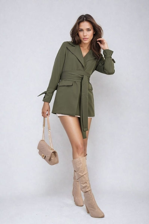 Olive green belted blazer jacket with V-neck and long sleeves, tied waist.