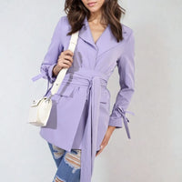 Lilac belted blazer jacket with collar and long sleeves, V-neck front
