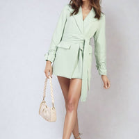 Mint belted blazer jacket with V-neck collar and long sleeves, tied waist