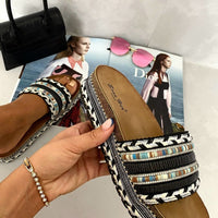 Platform slide sandals with braided trim and embellished straps in dark multicolor