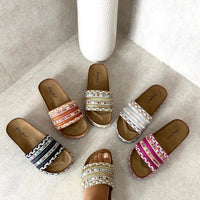 Platform slide sandals, set of multiple colors, woven embellished straps with braided trim