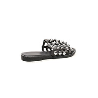 Dark flat slide sandals with silver studded strap and open toe