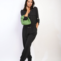 Black collar button-front jumpsuit, drawstring waist and jogger cuffs, long sleeves