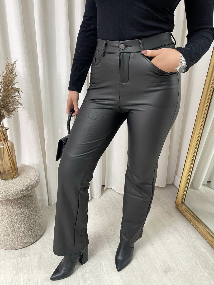 Black faux leather straight-leg trousers with high waist, button fly and front pockets