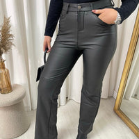 Black faux leather straight-leg trousers with high waist, button fly and front pockets