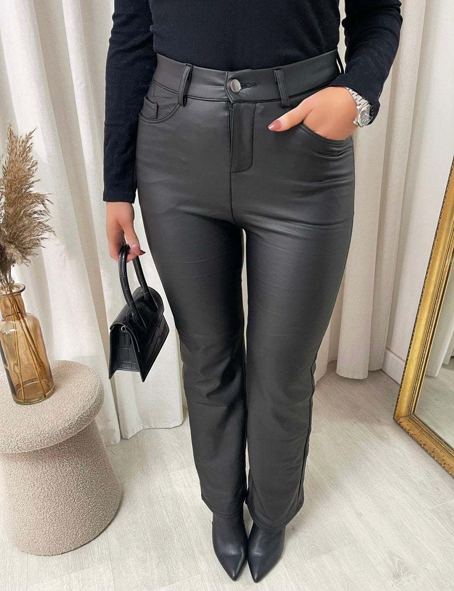 Black faux leather trousers with high waist, button closure, front pockets and belt loops
