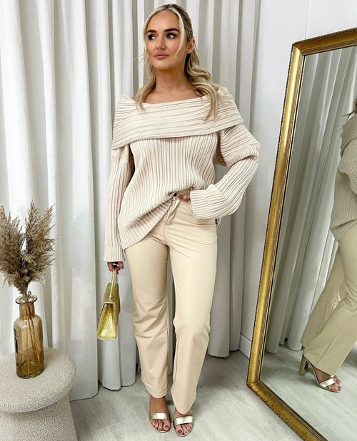 Faux leather trousers in light cream with high waist and straight legs