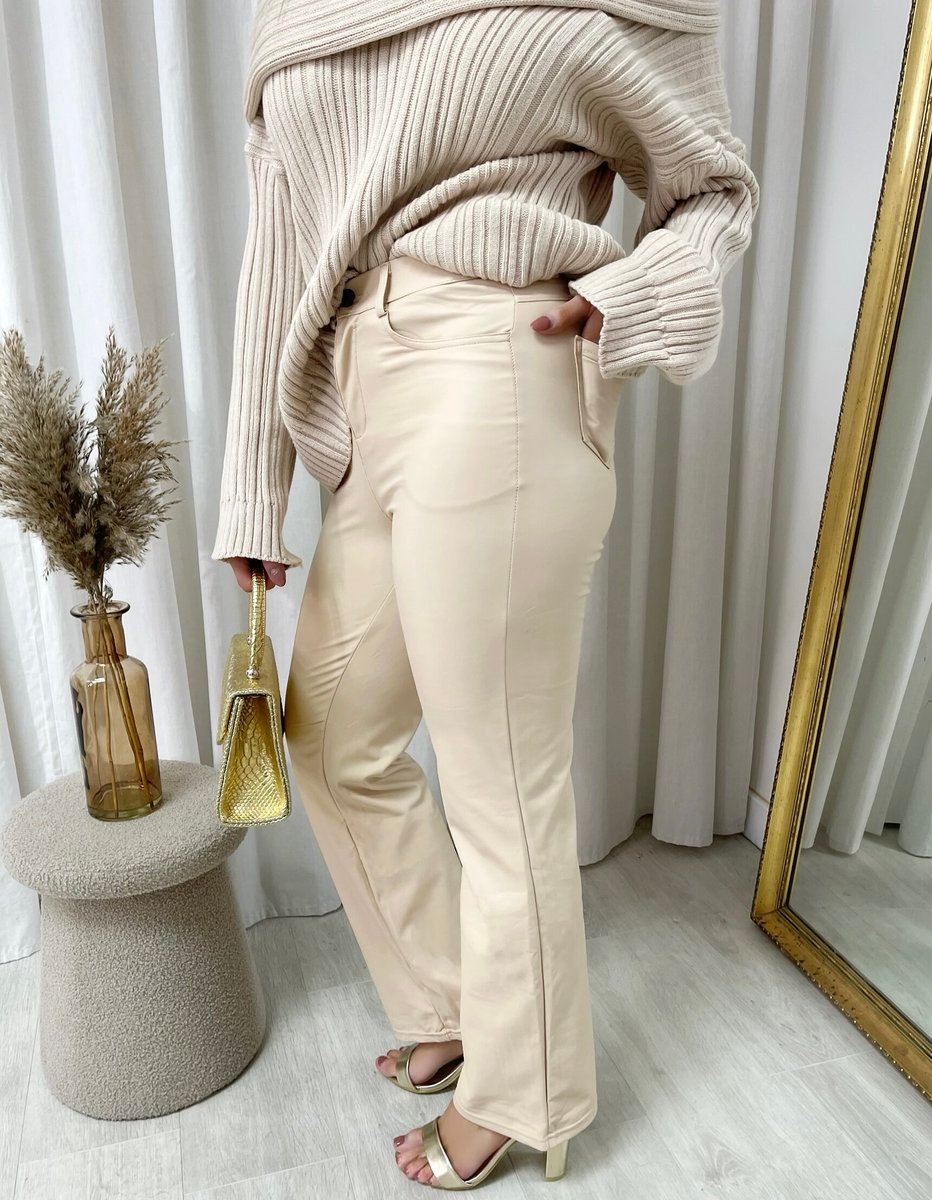 Beige faux leather straight-leg trousers with high waist, front pockets and belt loops