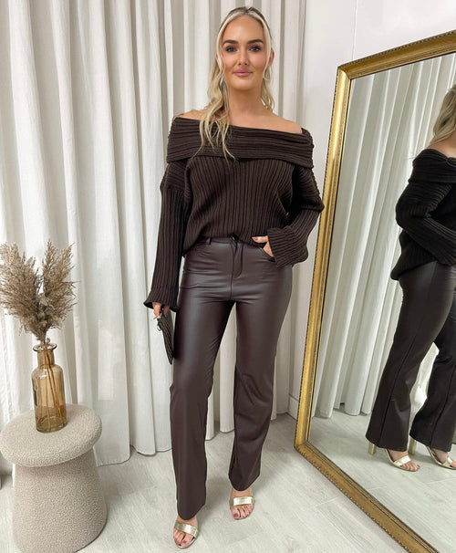 Faux leather trousers in dark brown with high waist and straight legs, full view