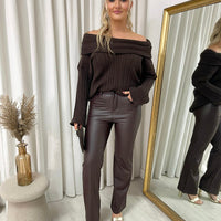 Faux leather trousers in dark brown with high waist and straight legs, full view