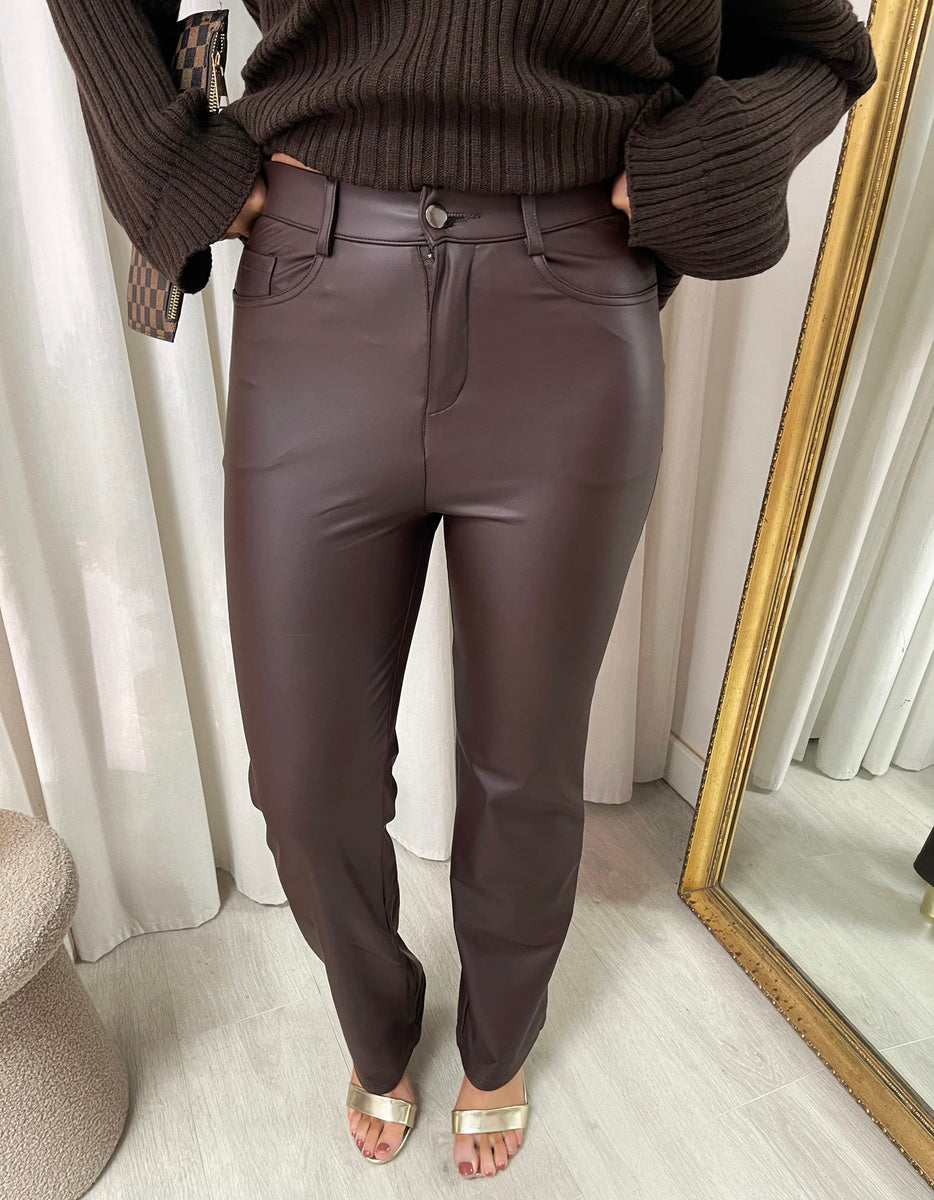 Faux leather trousers in dark taupe with high waist and straight legs