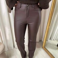 Faux leather trousers in dark taupe with high waist and straight legs
