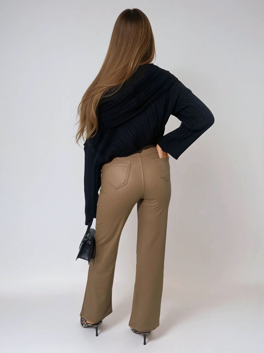 Faux leather trousers in tan with high waist and straight legs, back view