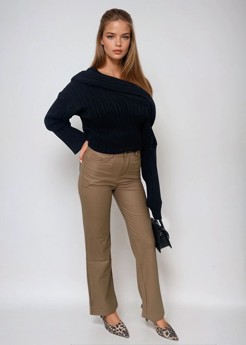 Faux leather trousers in tan with high waist and straight legs, full length